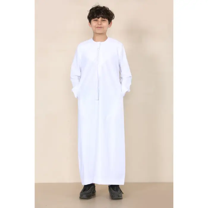 TT-001 Boy's White Thobe Emirati Islamic Clothing String Tassel - Image 1