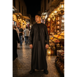 Alternative view of TT-001 Men's Black Thobe Emirati Islamic Clothing String Tassel