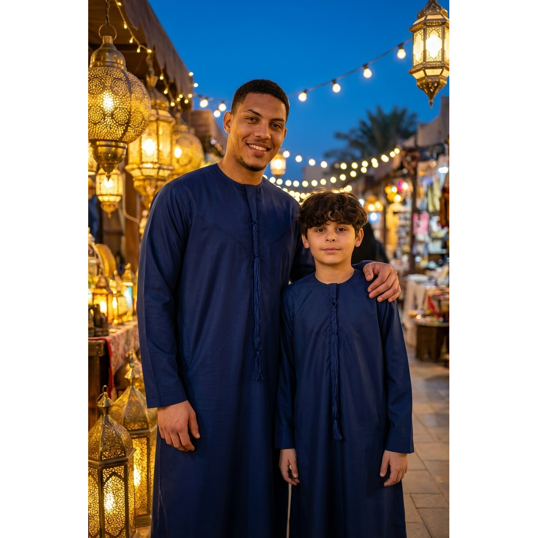 TT-001 Men's Navy Thobe Emirati Islamic Clothing String Tassel - Image 3