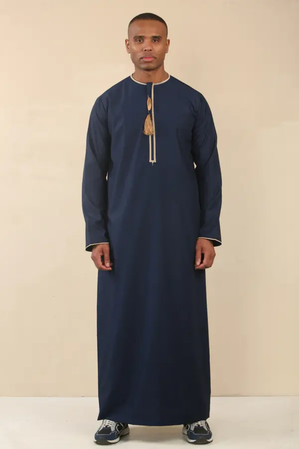 TT 003 Mens Navy Emirati Thobe Gold Tassel Embroidery 1