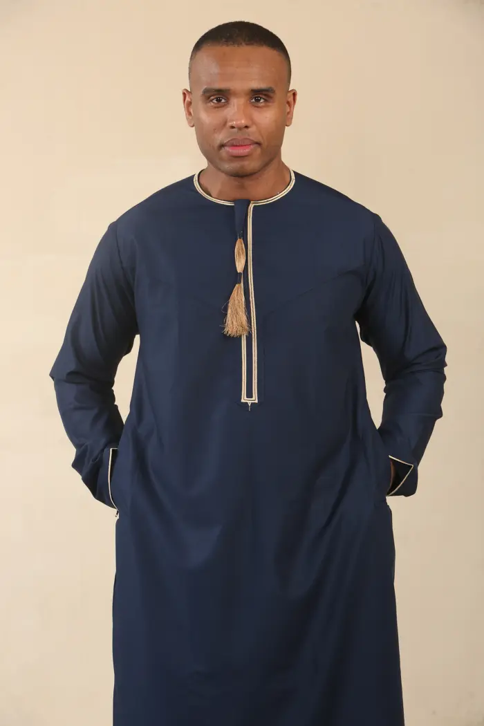 TT-003 - Men's Navy Emirati Thobe Gold Tassel Embroidery - Image 5