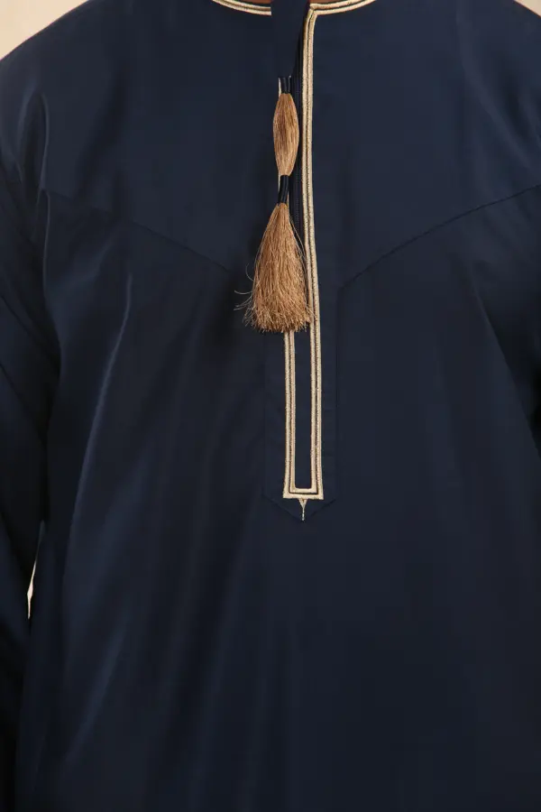 TT 003 Mens Navy Emirati Thobe Gold Tassel Embroidery 6