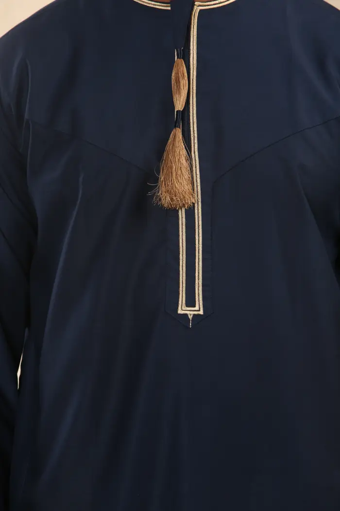 TT-003 - Men's Navy Emirati Thobe Gold Tassel Embroidery - Image 8