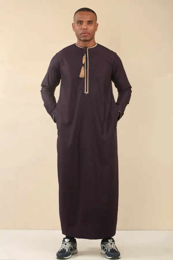 TT 003 Mens Purple Emirati Thobe Gold Tassel Embroidery 4