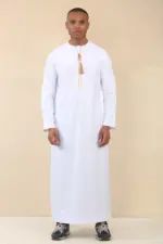 TT-003 - Men's White Emirati Thobe Gold Tassel Embroidery - Image 3