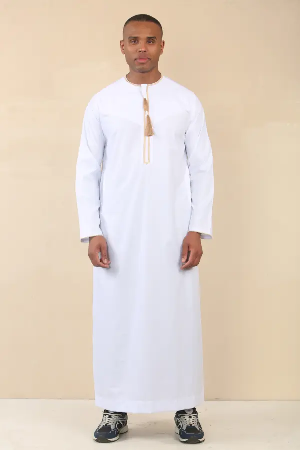 TT 003 Mens White Emirati Thobe Gold Tassel Embroidery 1 1