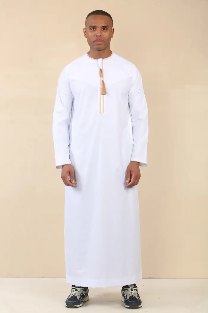 TT-003 - Men's White Emirati Thobe Gold Tassel Embroidery - Image 3