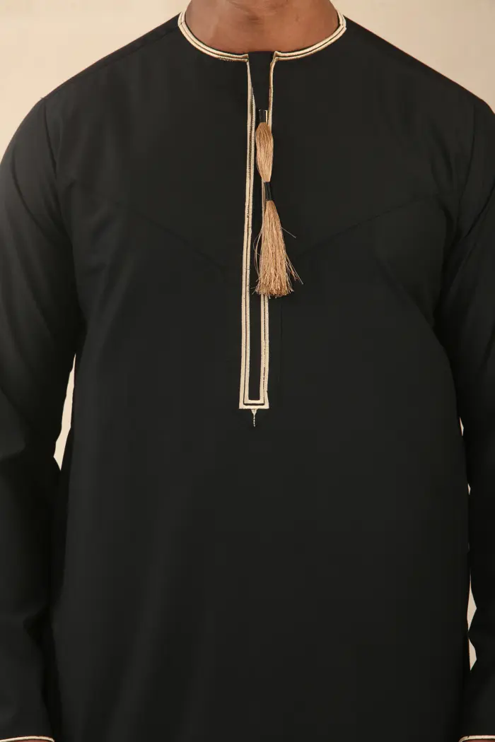 TT-003 - Men's Black Emirati Thobe Gold Tassel Embroidery - Image 12