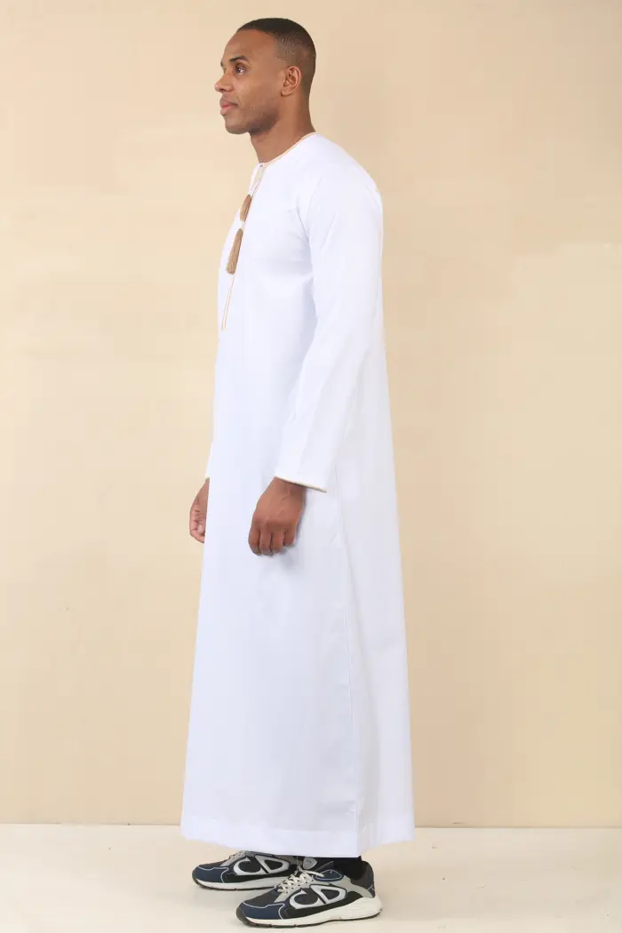 TT-003 - Men's White Emirati Thobe Gold Tassel Embroidery - Image 4