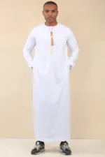 TT-003 - Men's White Emirati Thobe Gold Tassel Embroidery - Image 5