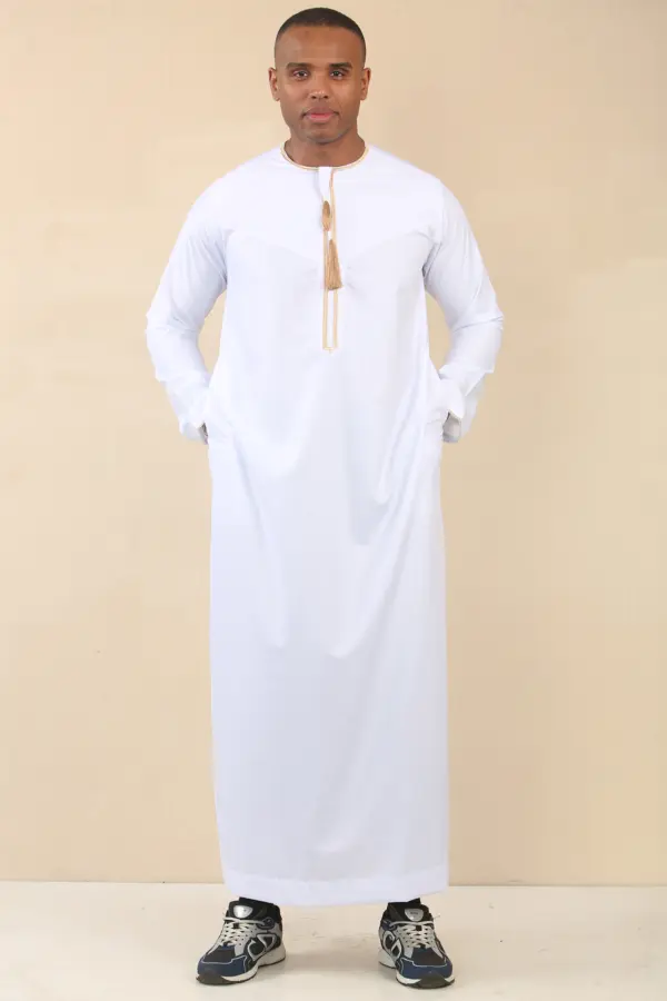 TT 003 Mens White Emirati Thobe Gold Tassel Embroidery 3 1