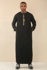 TT-003 - Men's Black Emirati Thobe Gold Tassel Embroidery - Image 4