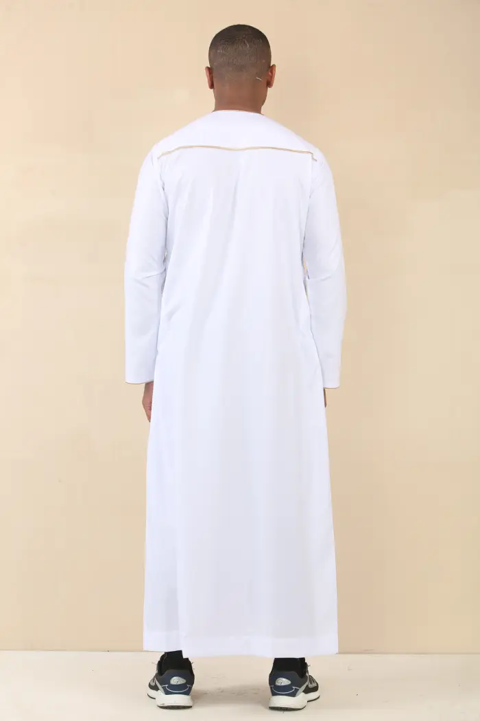 TT-003 - Men's White Emirati Thobe Gold Tassel Embroidery - Image 6