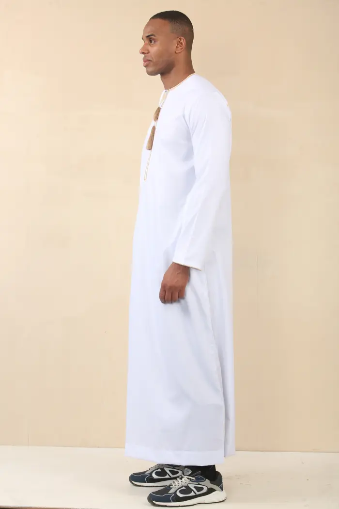 TT-003 - Men's White Emirati Thobe Gold Tassel Embroidery - Image 7