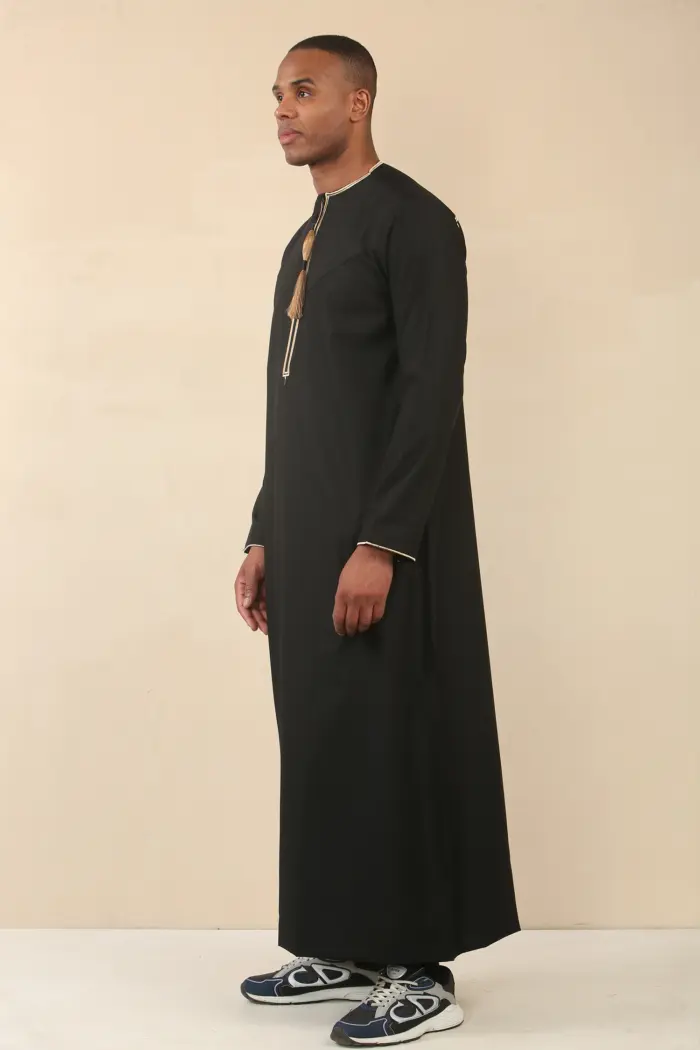 TT-003 - Men's Black Emirati Thobe Gold Tassel Embroidery - Image 6