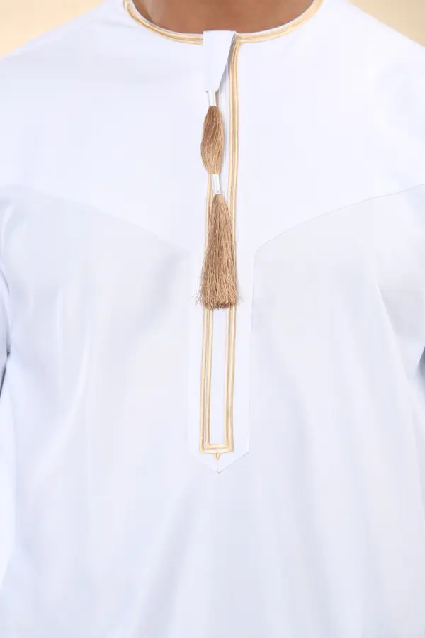 TT 003 Mens White Emirati Thobe Gold Tassel Embroidery 6 1