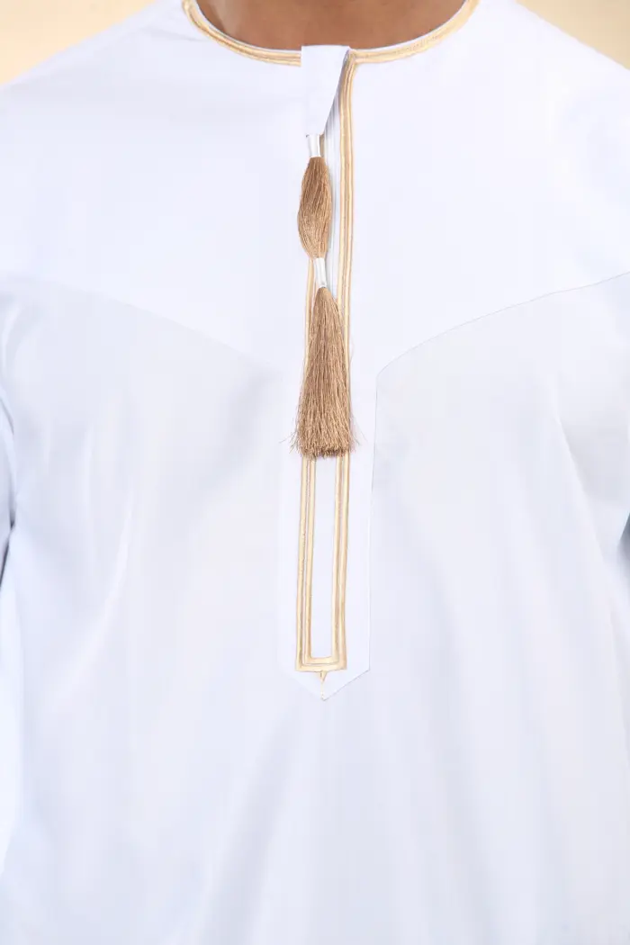 TT-003 - Men's White Emirati Thobe Gold Tassel Embroidery - Image 8