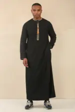 TT-003 - Men's Black Emirati Thobe Gold Tassel Embroidery - Image 8