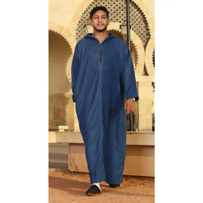 DML001 - Men's Blue Moroccan Thobe Hooded Djellaba - Image 1