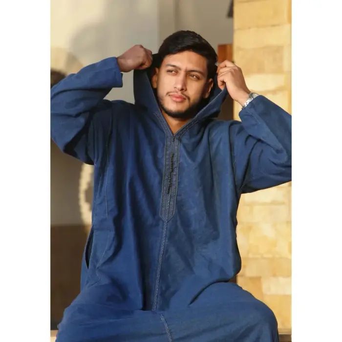 DML001 - Men's Blue Moroccan Thobe Hooded Djellaba - Image 2