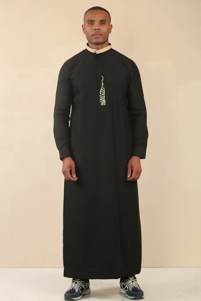 ED-200 - Men's Black Nehru Round Collar Embroidery Thobe - Image 3