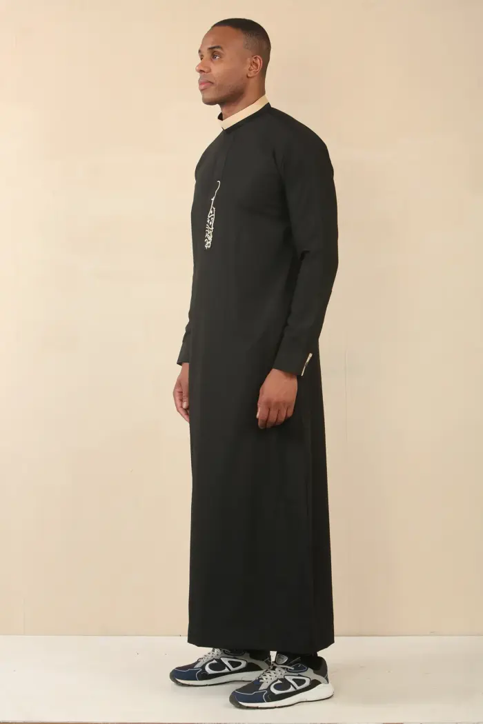 ED-200 - Men's Black Nehru Round Collar Embroidery Thobe - Image 5