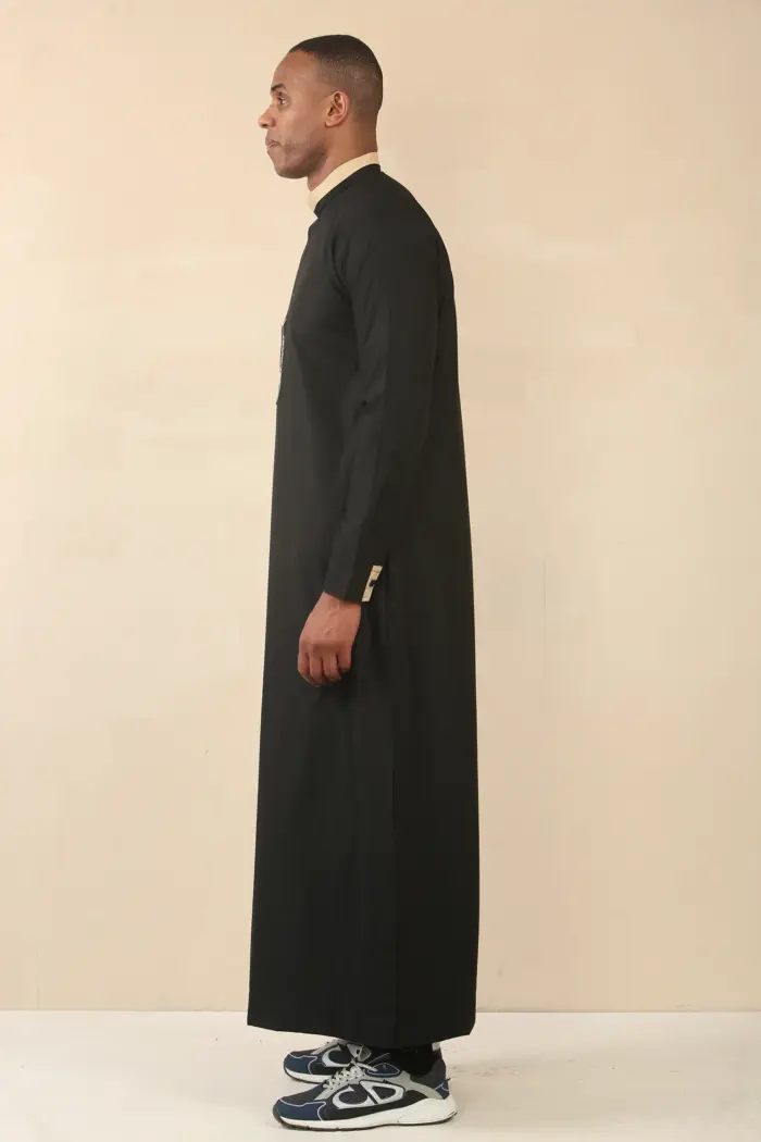 ED-200 - Men's Black Nehru Round Collar Embroidery Thobe - Image 6