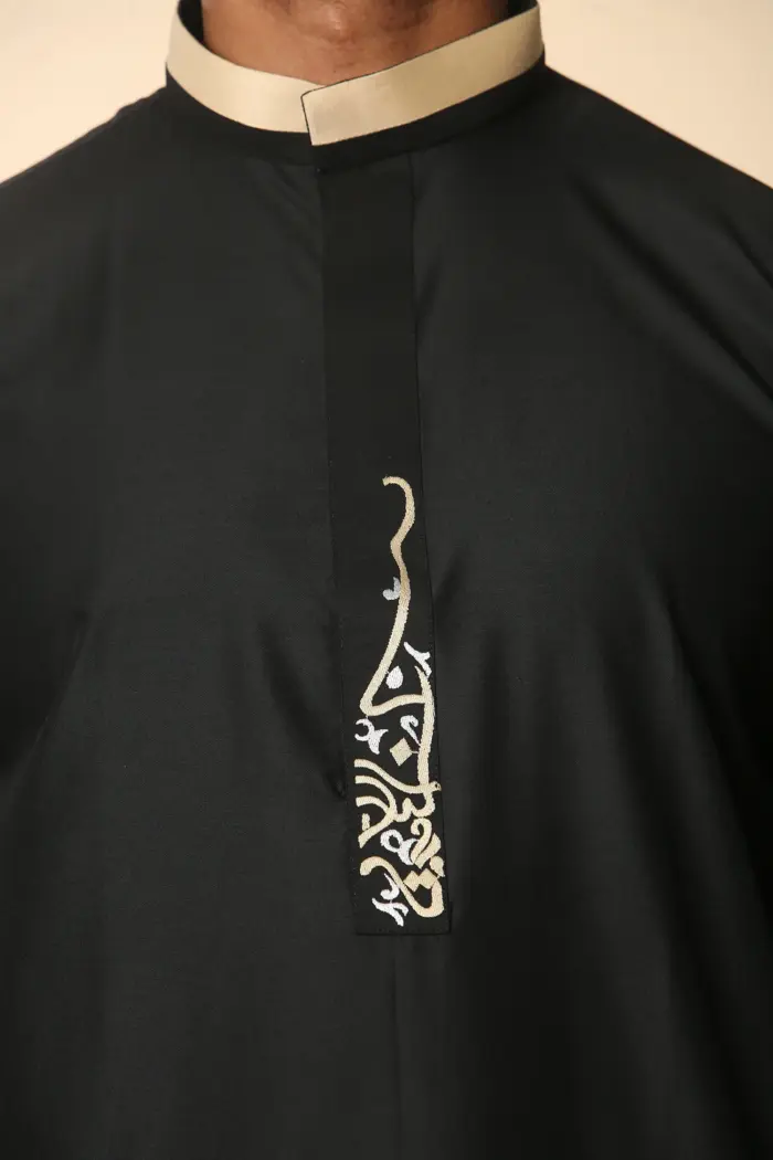 ED-200 - Men's Black Nehru Round Collar Embroidery Thobe - Image 8