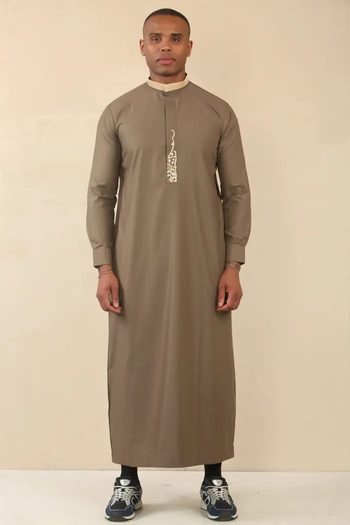ED-200 - Men's Brown Nehru Round Collar Embroidery Thobe - Image 2