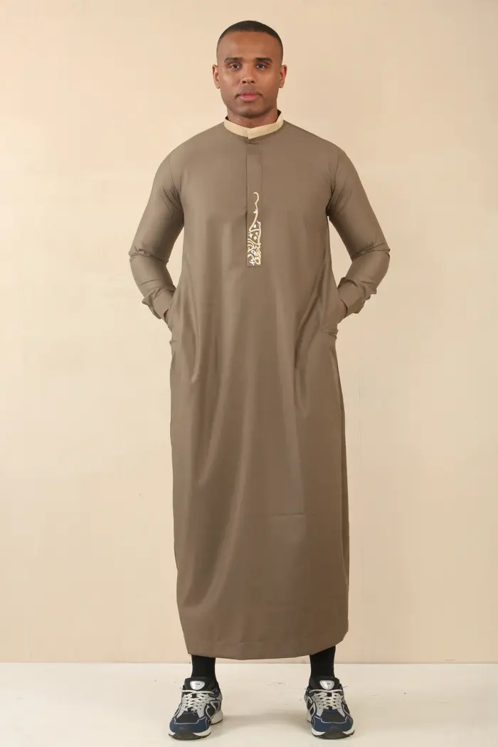 ED-200 - Men's Brown Nehru Round Collar Embroidery Thobe - Image 4