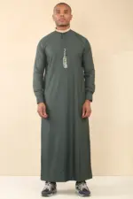 ED-200 - Men's Green Nehru Round Collar Embroidery Thobe - Image 3