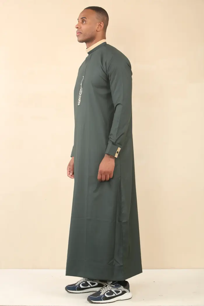 ED-200 - Men's Green Nehru Round Collar Embroidery Thobe - Image 4