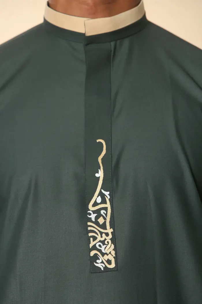ED-200 - Men's Green Nehru Round Collar Embroidery Thobe - Image 8