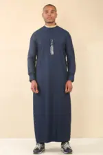 ED-200 - Men's Navy Nehru Round Collar Embroidery Thobe - Image 3