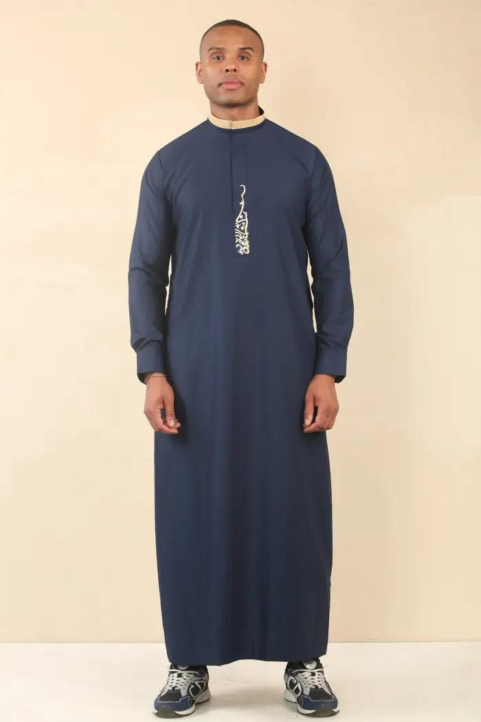 ED-200 - Men's Navy Nehru Round Collar Embroidery Thobe - Image 3