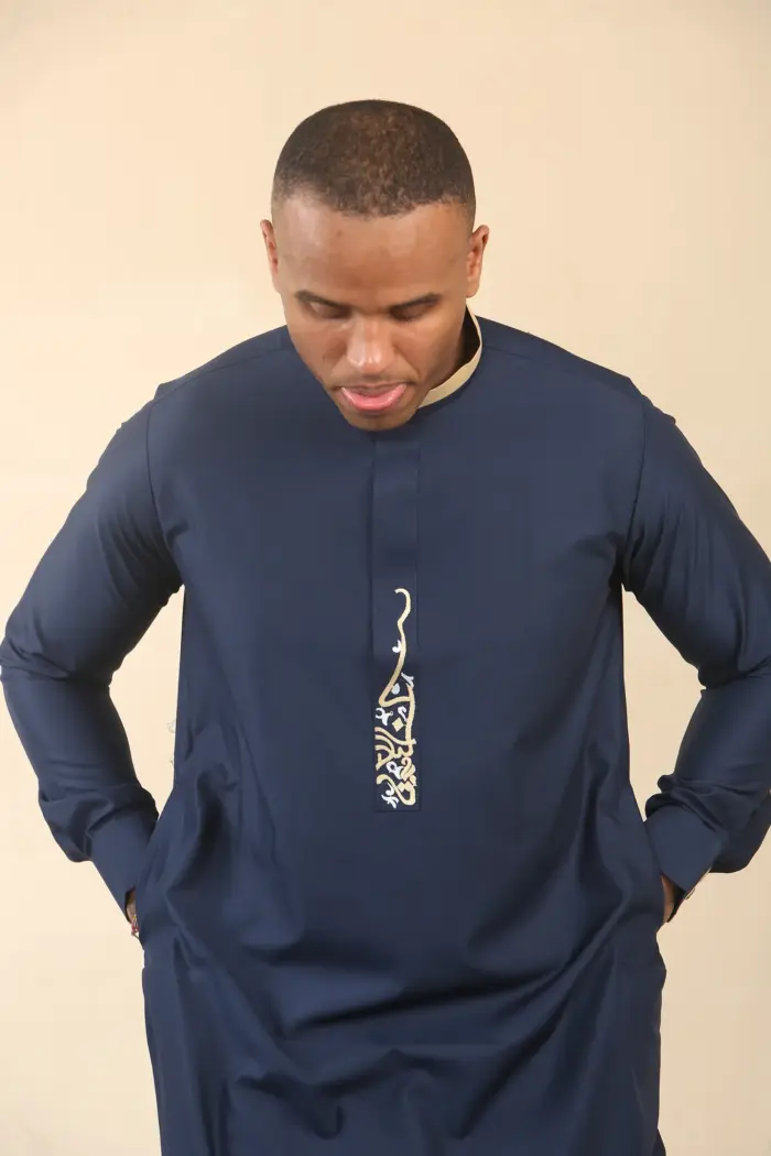 ED-200 - Men's Navy Nehru Round Collar Embroidery Thobe - Image 4