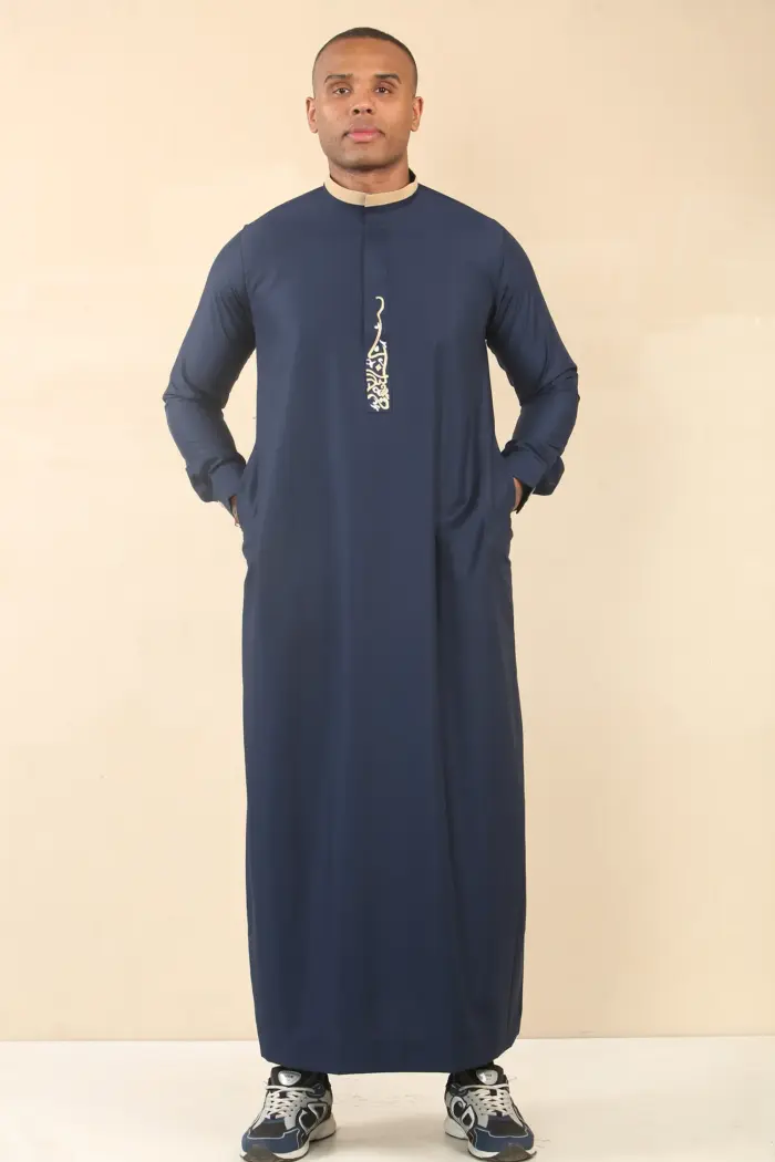 ED-200 - Men's Navy Nehru Round Collar Embroidery Thobe - Image 5