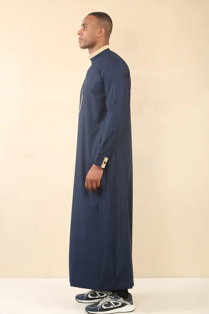 ED-200 - Men's Navy Nehru Round Collar Embroidery Thobe - Image 6
