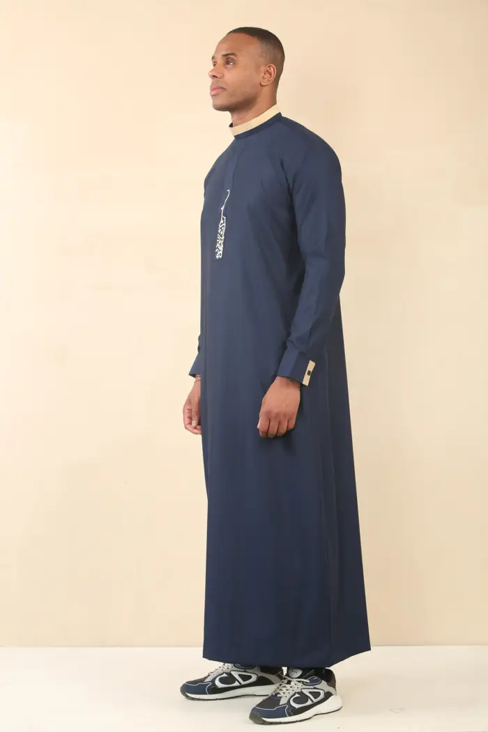 ED-200 - Men's Navy Nehru Round Collar Embroidery Thobe - Image 7