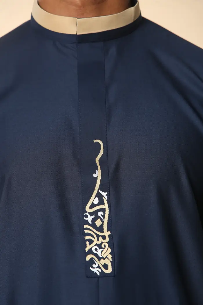 ED-200 - Men's Navy Nehru Round Collar Embroidery Thobe - Image 9