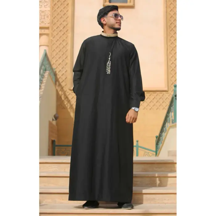 ED-200 - Men's Black Nehru Round Collar Embroidery Thobe - Image 1