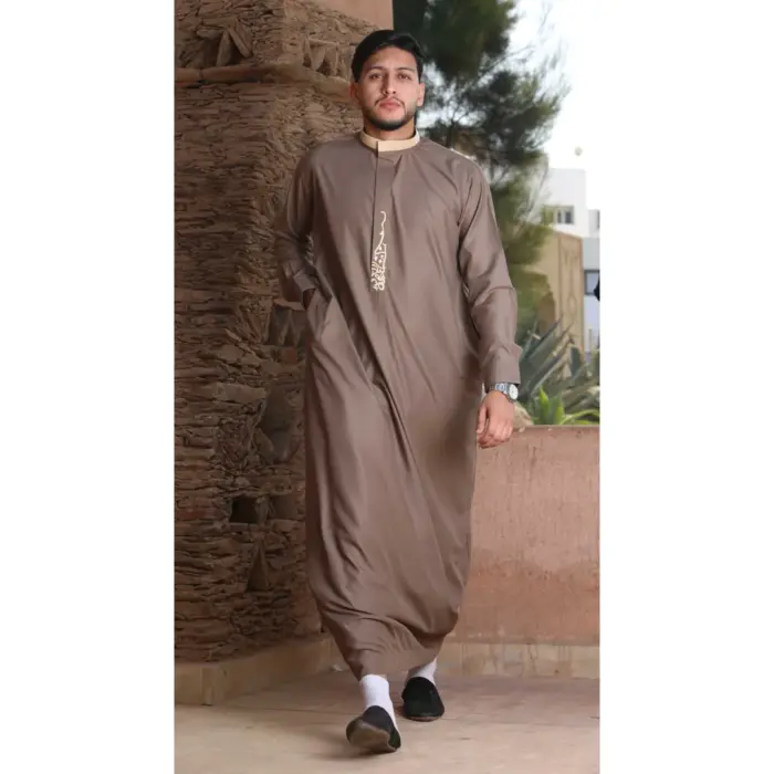 ED-200 - Men's Brown Nehru Round Collar Embroidery Thobe - Image 1