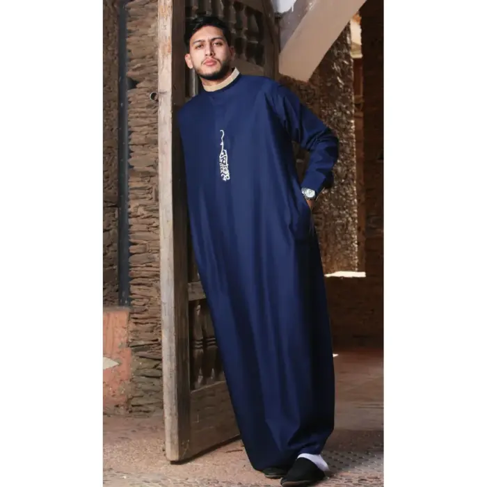 ED-200 - Men's Navy Nehru Round Collar Embroidery Thobe - Image 1