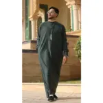 ED-200 - Men's Green Nehru Round Collar Embroidery Thobe