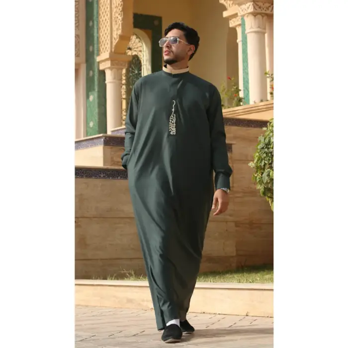ED-200 - Men's Green Nehru Round Collar Embroidery Thobe - Image 1