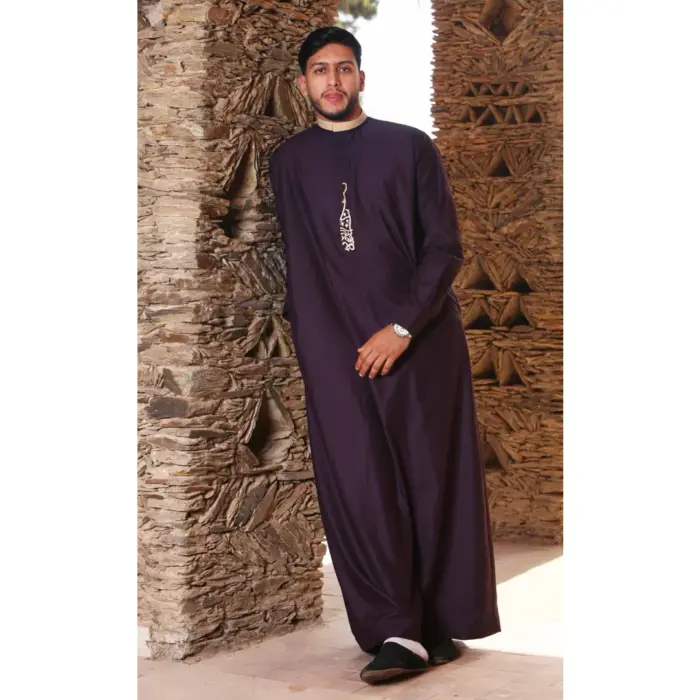 ED-200 - Men's Purple Nehru Round Collar Embroidery Thobe - Image 1