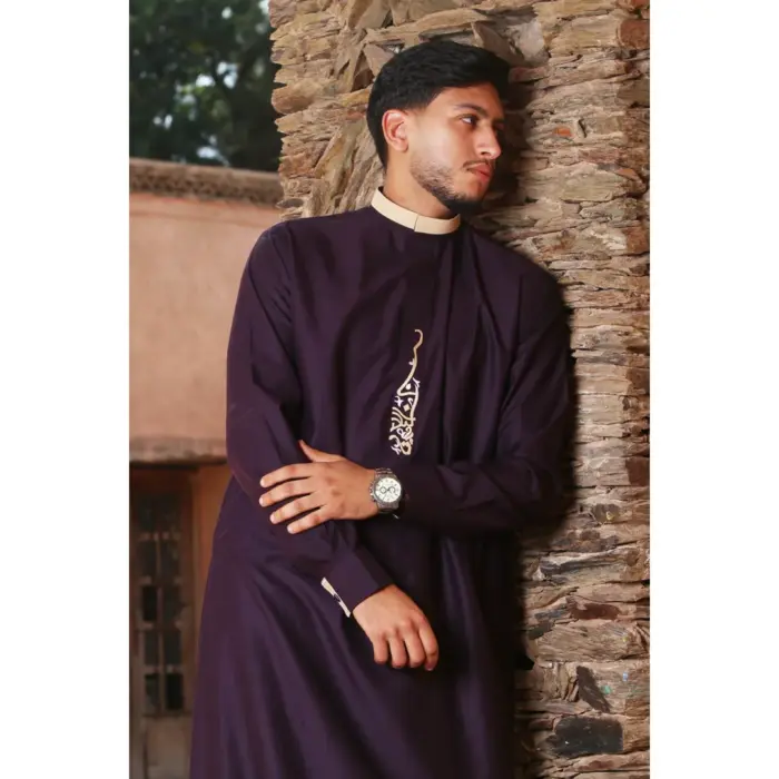 ED-200 - Men's Purple Nehru Round Collar Embroidery Thobe - Image 2