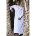 ED-200 - Men's White Nehru Round Collar Embroidery Thobe