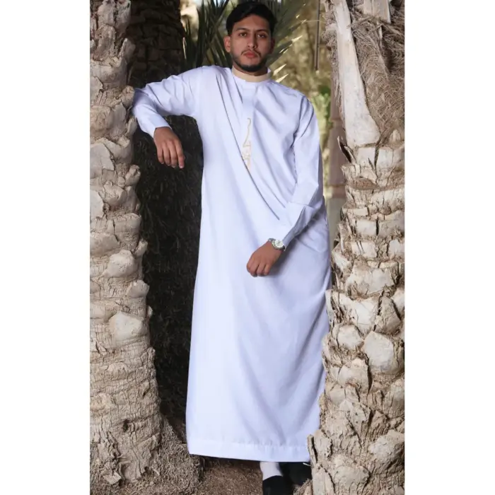 ED-200 - Men's White Nehru Round Collar Embroidery Thobe - Image 1