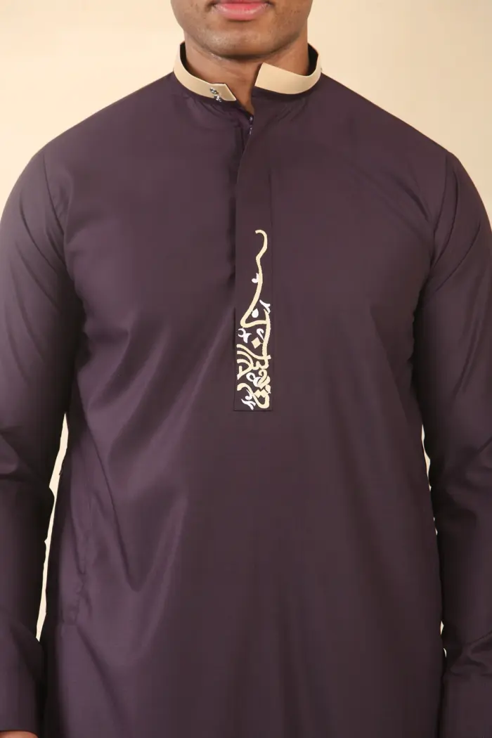 ED-200 - Men's Purple Nehru Round Collar Embroidery Thobe - Image 3